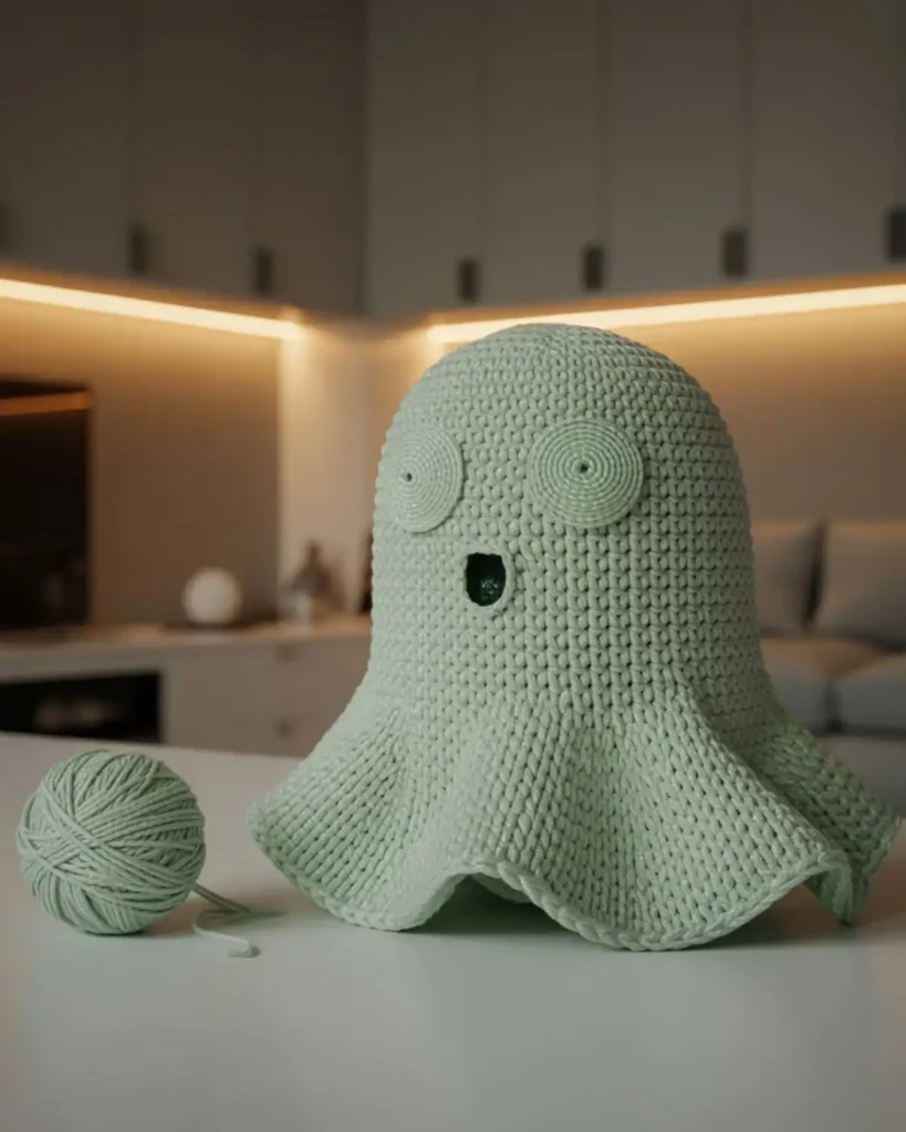Pale green reflective crochet ghost glowing softly under indirect lighting.