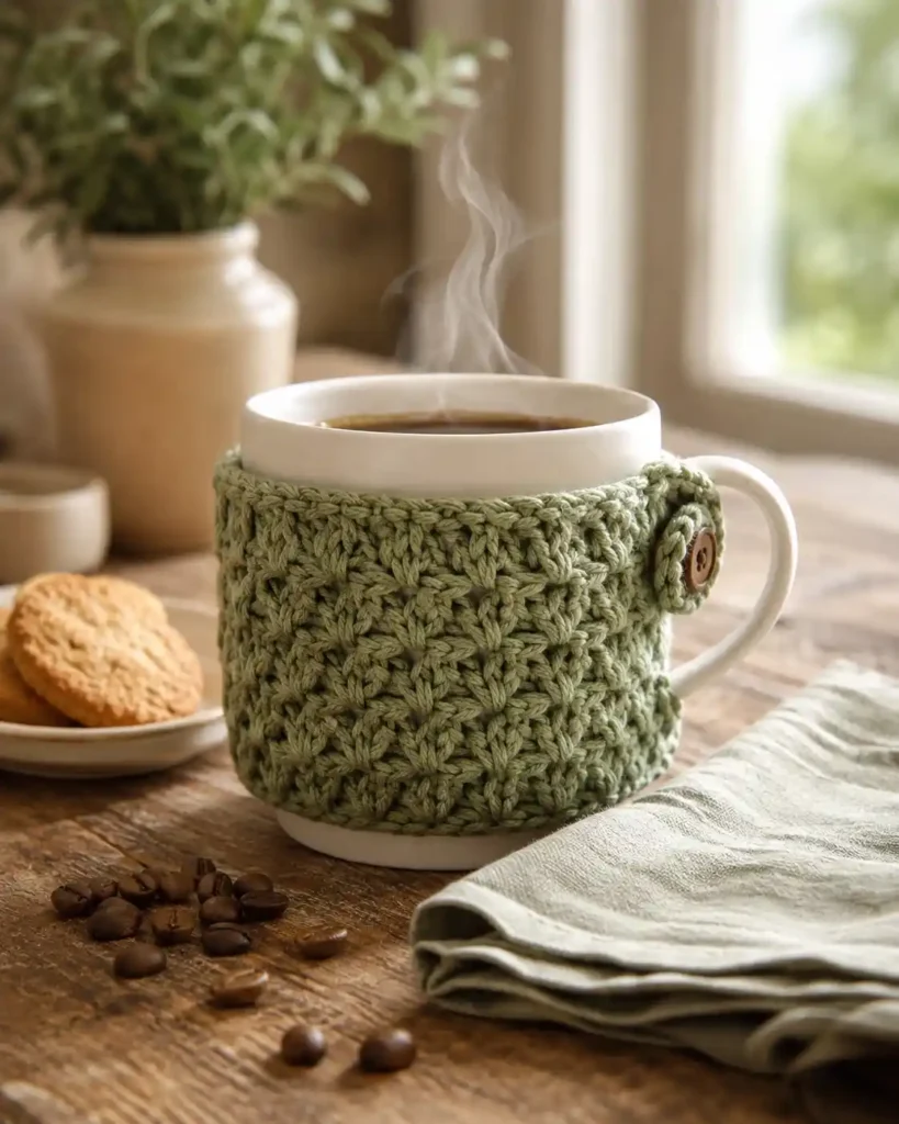 Handmade sage green crochet mug cozy wrapped around a ceramic coffee mug on a cozy breakfast table.