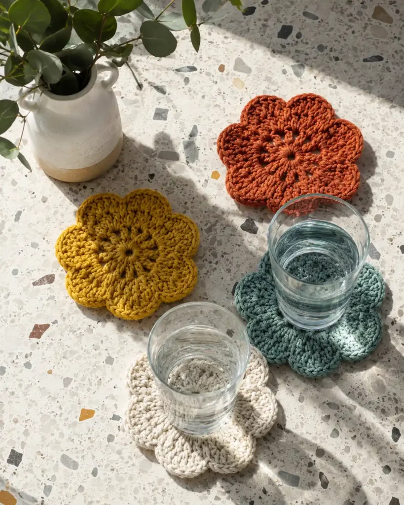 Four colorful flower-shaped crochet coasters arranged around glasses on a bright coffee table.