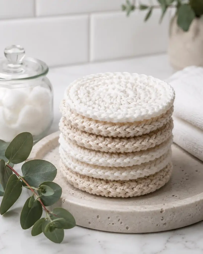 Stack of reusable cotton crochet face scrubbies beside skincare items in a bright bathroom.