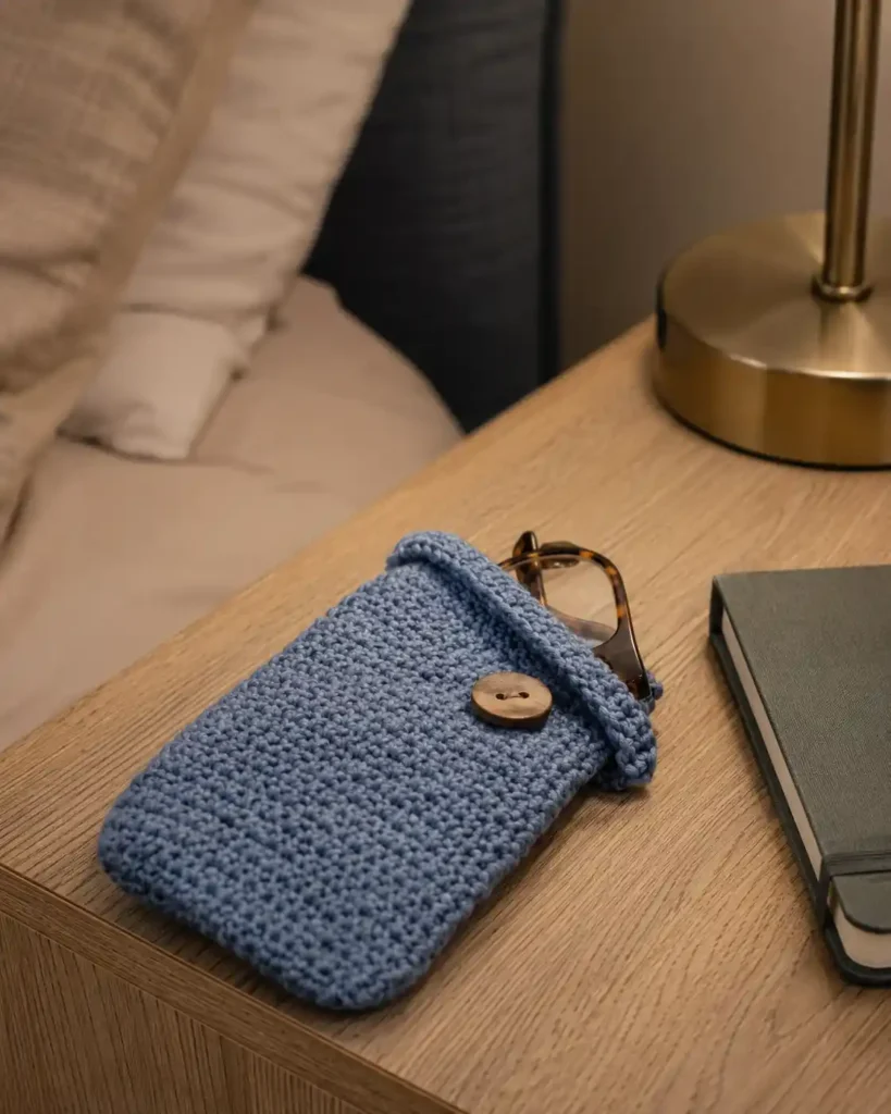 Soft blue crochet eyeglass case with reading glasses partially tucked inside.