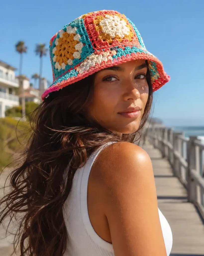  Colorful granny square crochet bucket hat worn with a casual summer outfit.