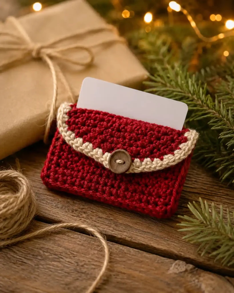  Small red crochet gift card holder with a blank card tucked inside and ribbon nearby.