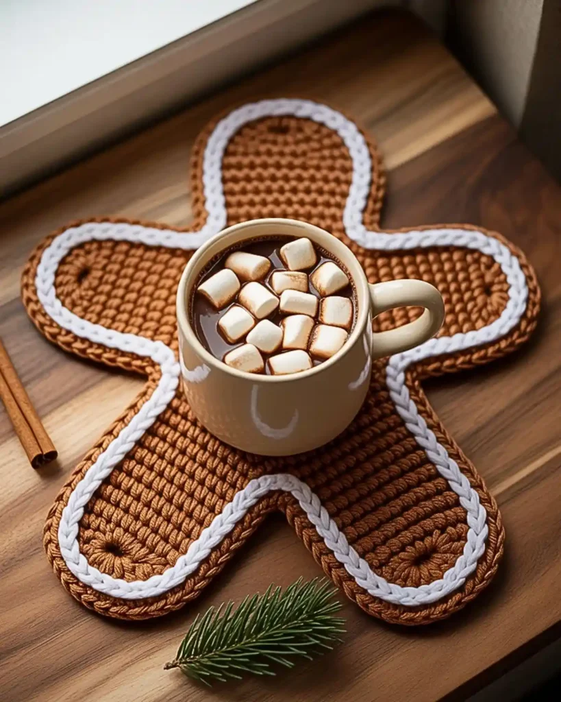 Crochet gingerbread man coaster under a mug of hot chocolate