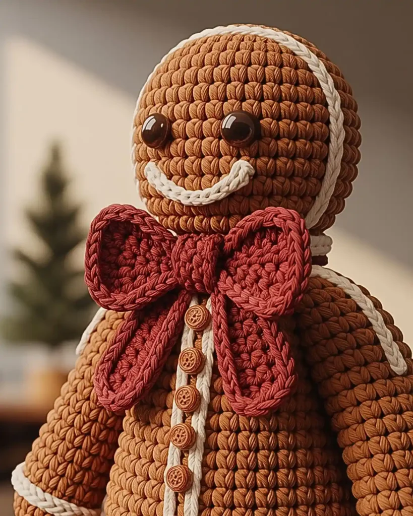 Crochet gingerbread man with bright red handmade bow tie