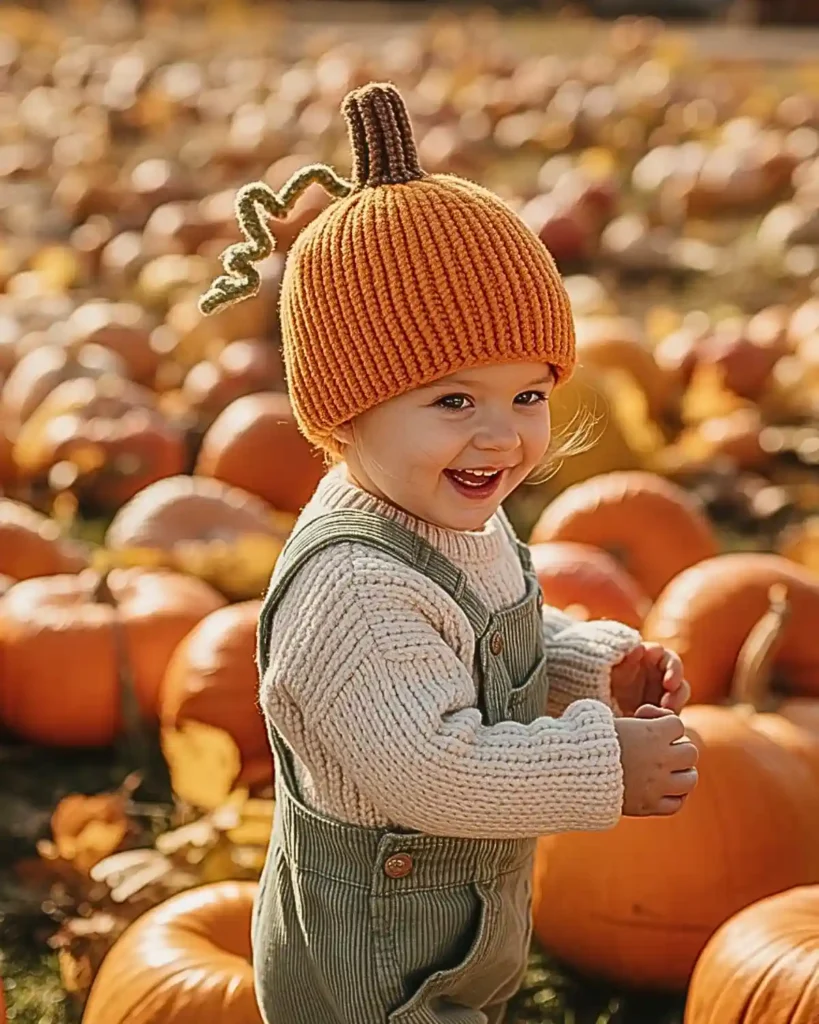  Orange crochet pumpkin beanie for a cute kids Halloween costume.