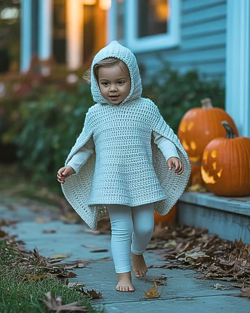 White crochet ghost hooded poncho Halloween costume for kids.