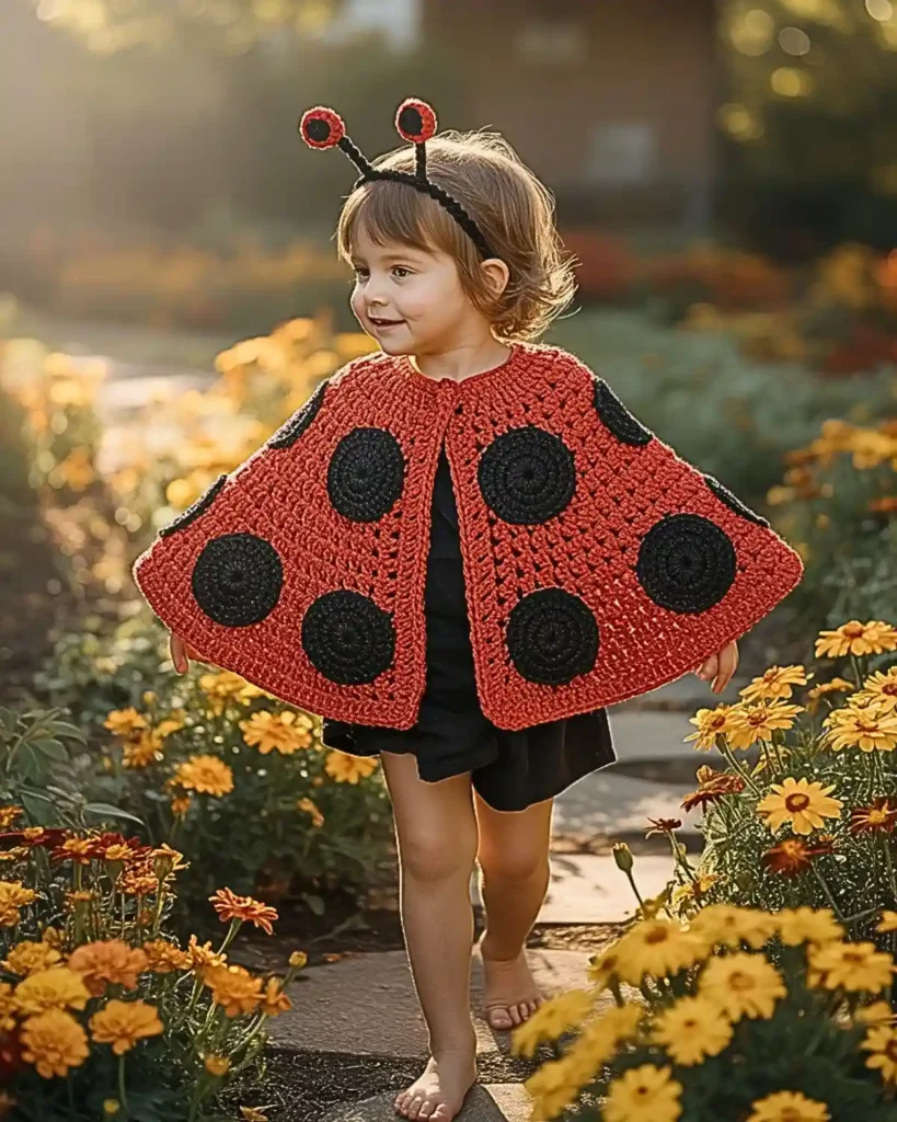  Red crochet ladybug cape with black spots for a kids costume.