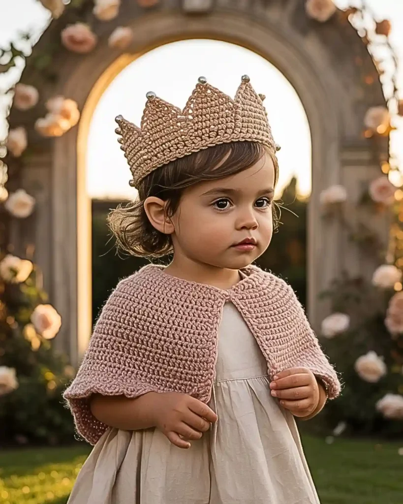 Gold crochet princess crown and pink capelet Halloween costume
