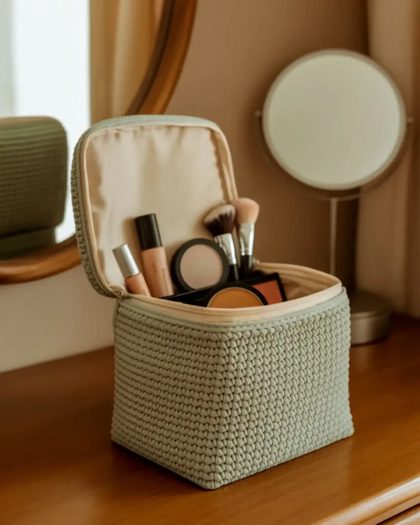 Sage green boxy crochet makeup bag holding upright bottles on a wooden vanity.