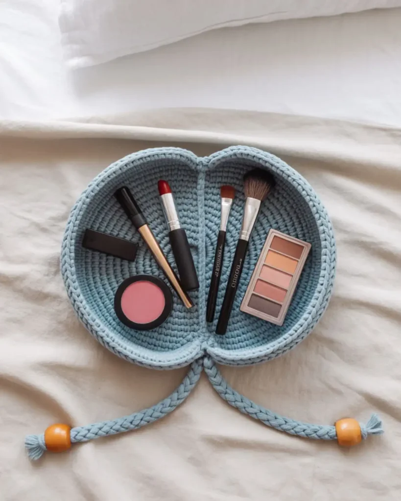 Round crochet makeup pouch opened flat with cosmetics arranged across its circular interior.