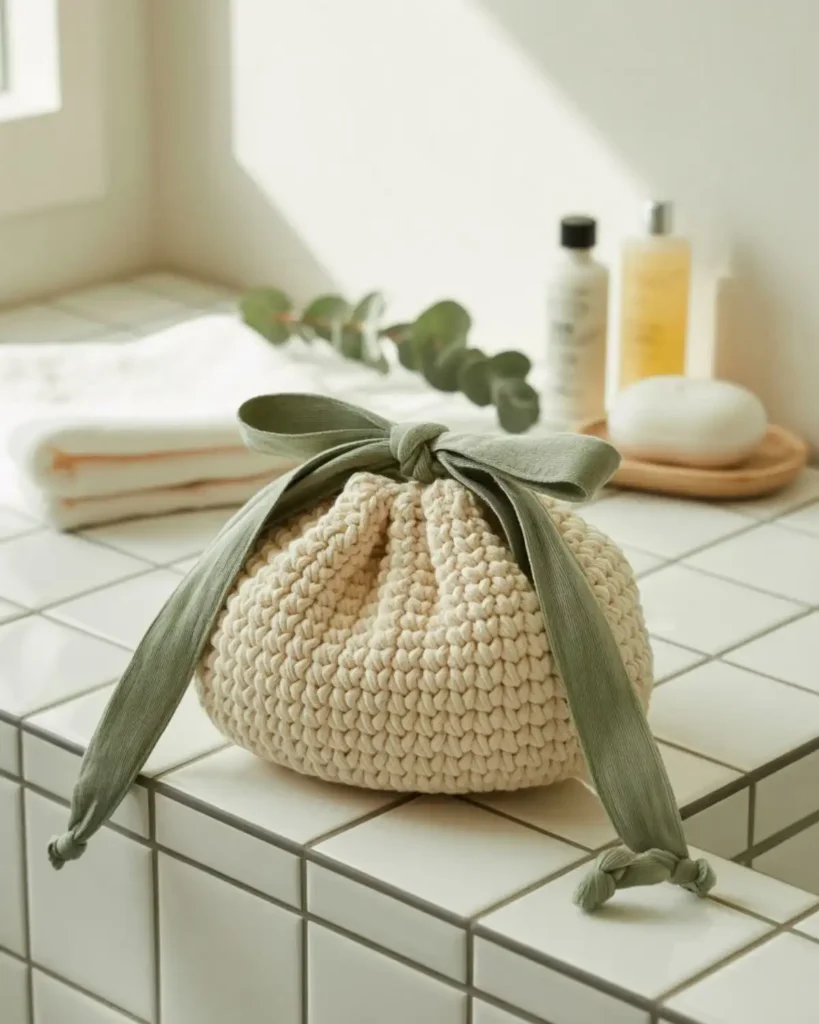 Ivory crochet makeup bag with sage tie handles on a bright guest bathroom shelf.