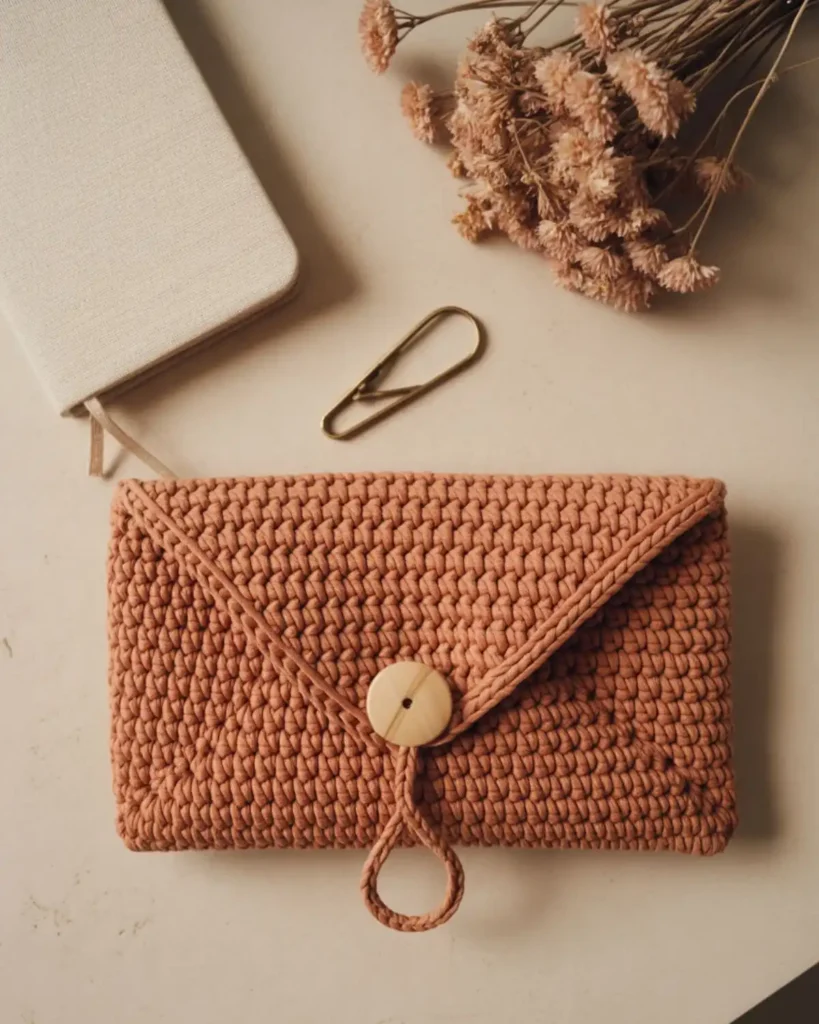 Terracotta envelope-style crochet makeup pouch secured with a natural wooden button.