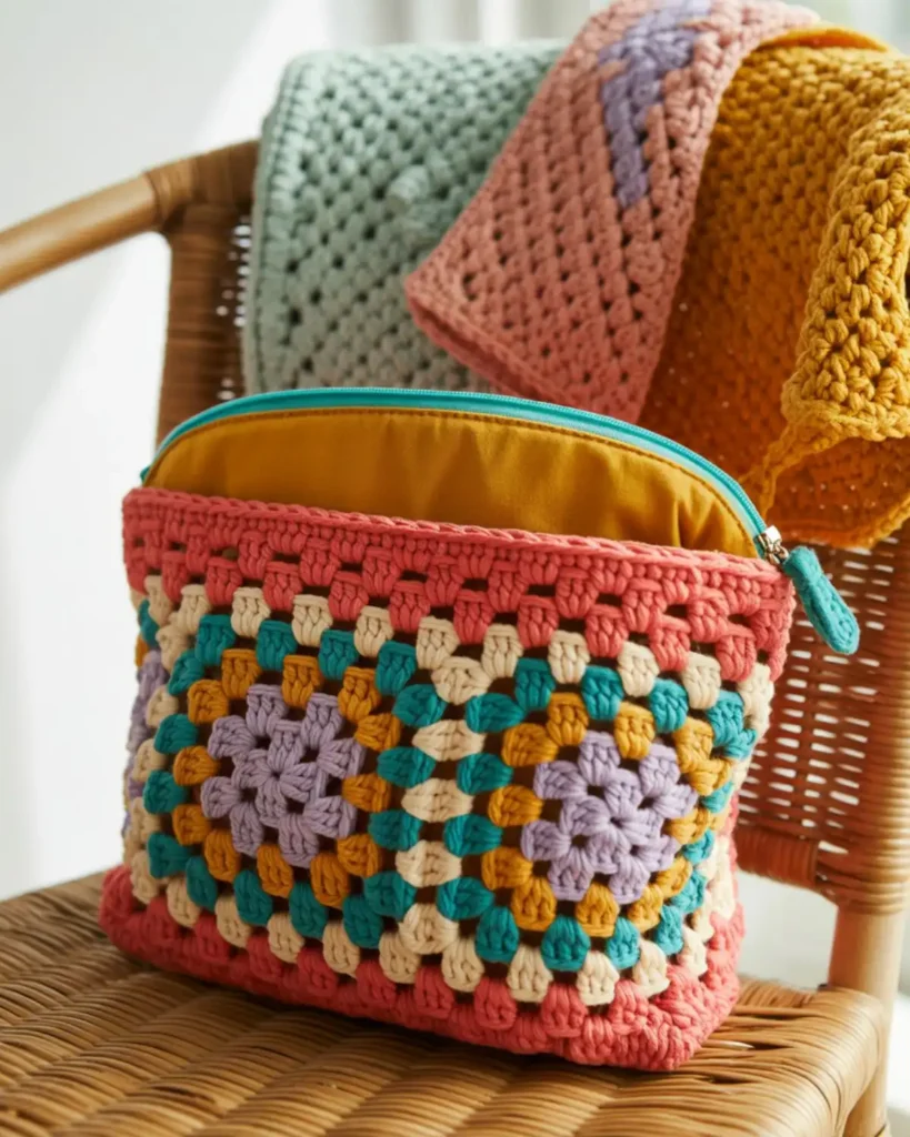 Colorful granny-square crochet makeup bag with a lining and bright contrasting zipper.