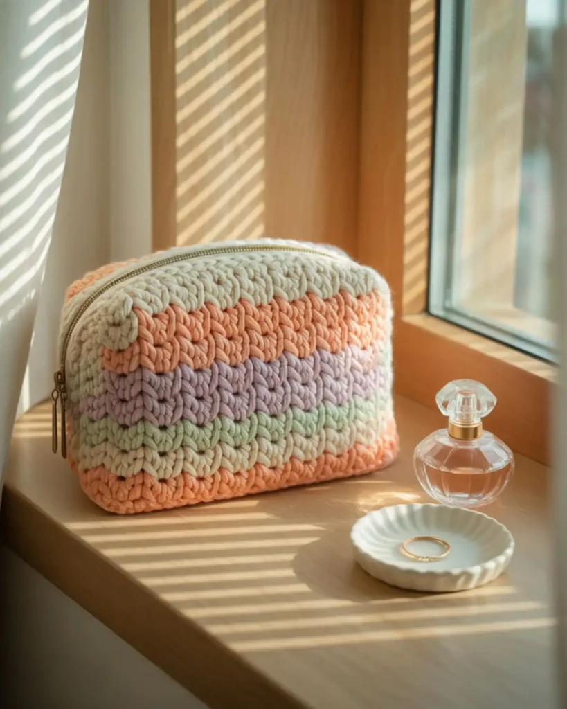 Pastel ripple-stripe crochet cosmetic bag displayed on a sunlit bedroom windowsill.