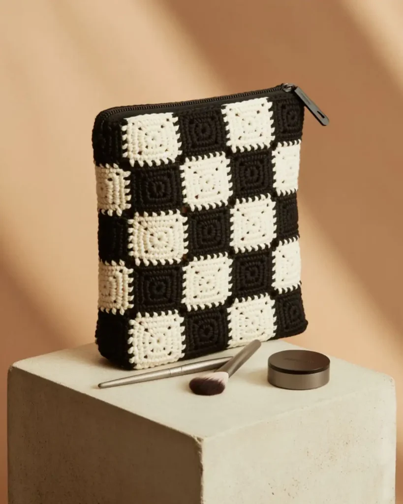 Black and cream checkerboard crochet makeup pouch on a modern concrete pedestal.