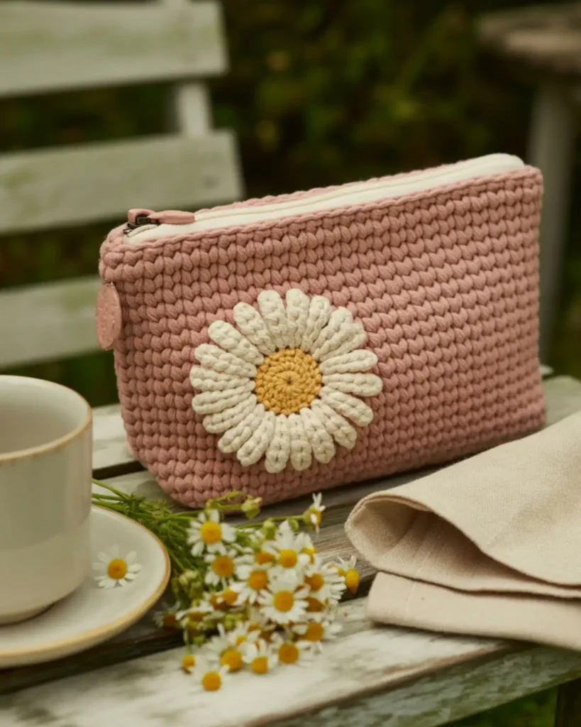 Dusty rose crochet makeup bag decorated with one cream flower appliqué.
