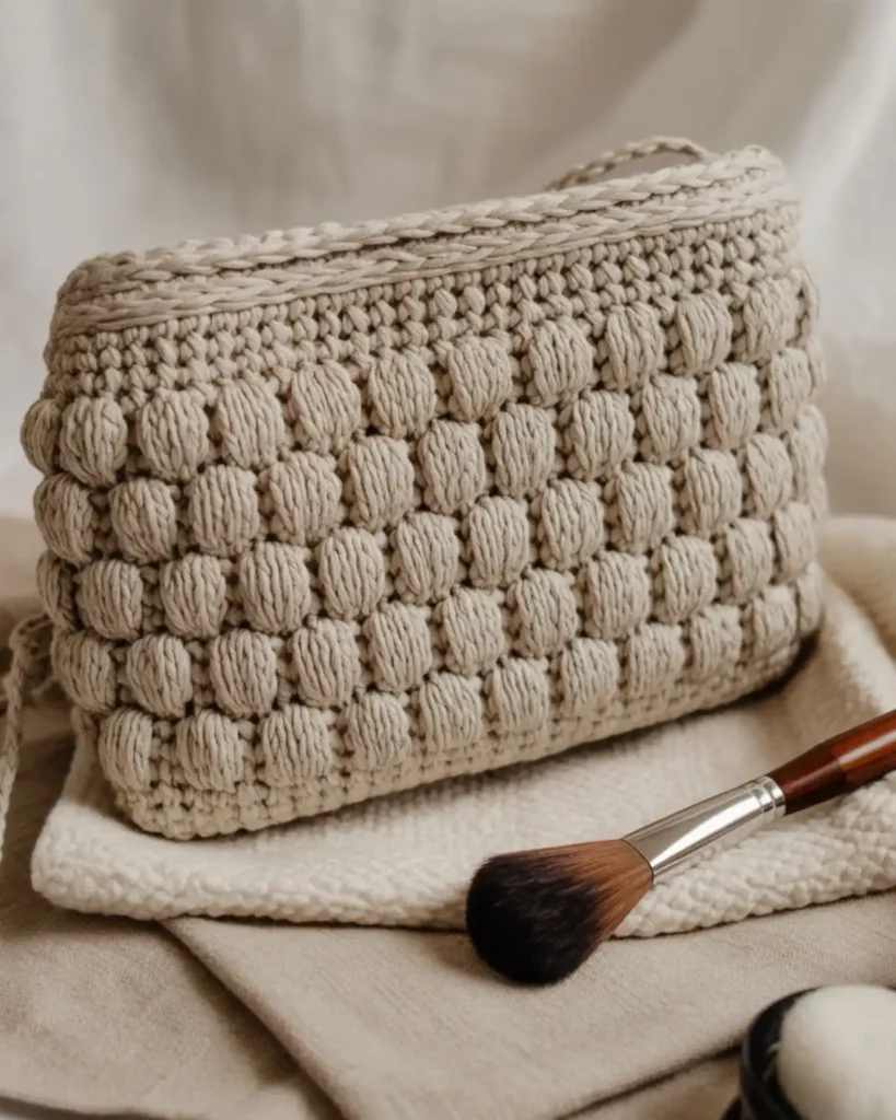 Oatmeal-colored crochet makeup bag with raised bobble stitches across the front panel.
