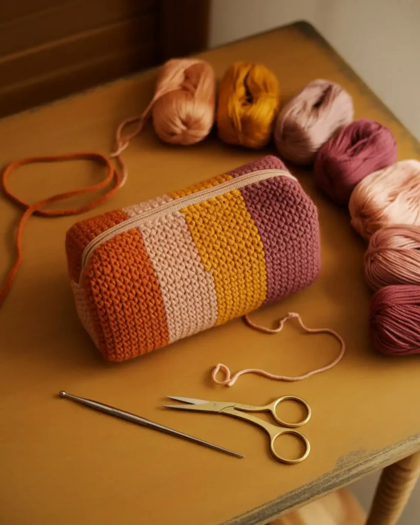 Coordinated color-block crochet pouch made with warm leftover yarn shades.
