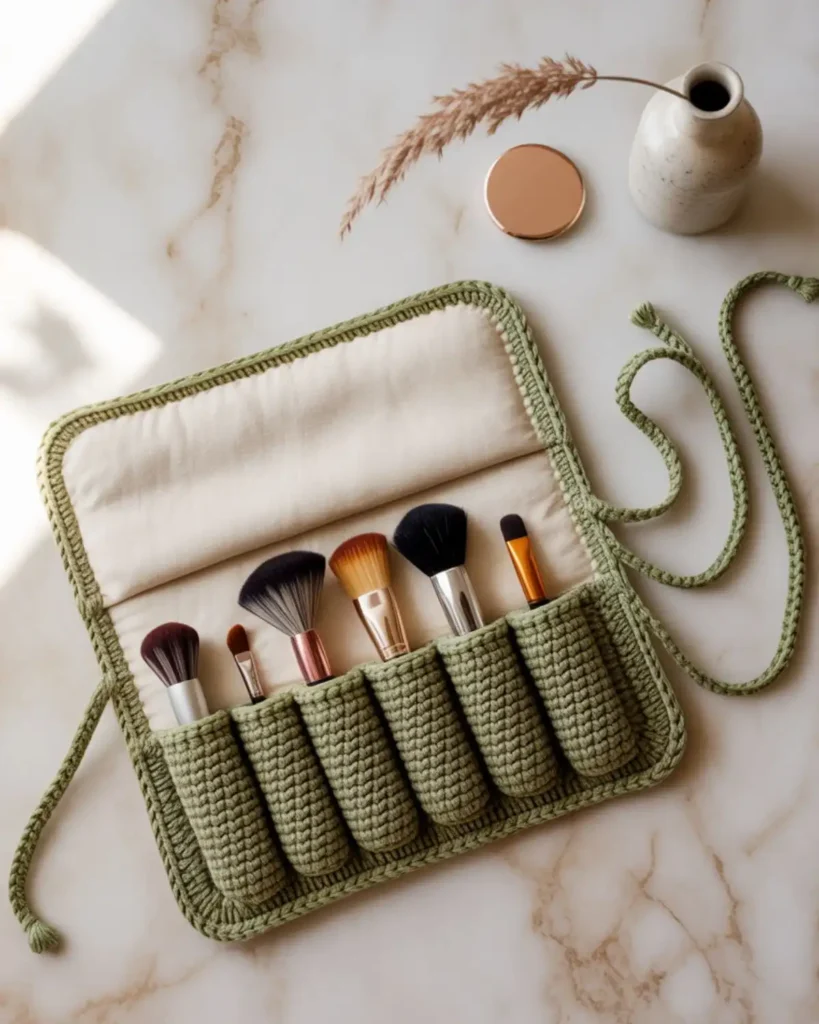Open crochet makeup brush roll with individual slots and a protective fabric flap.