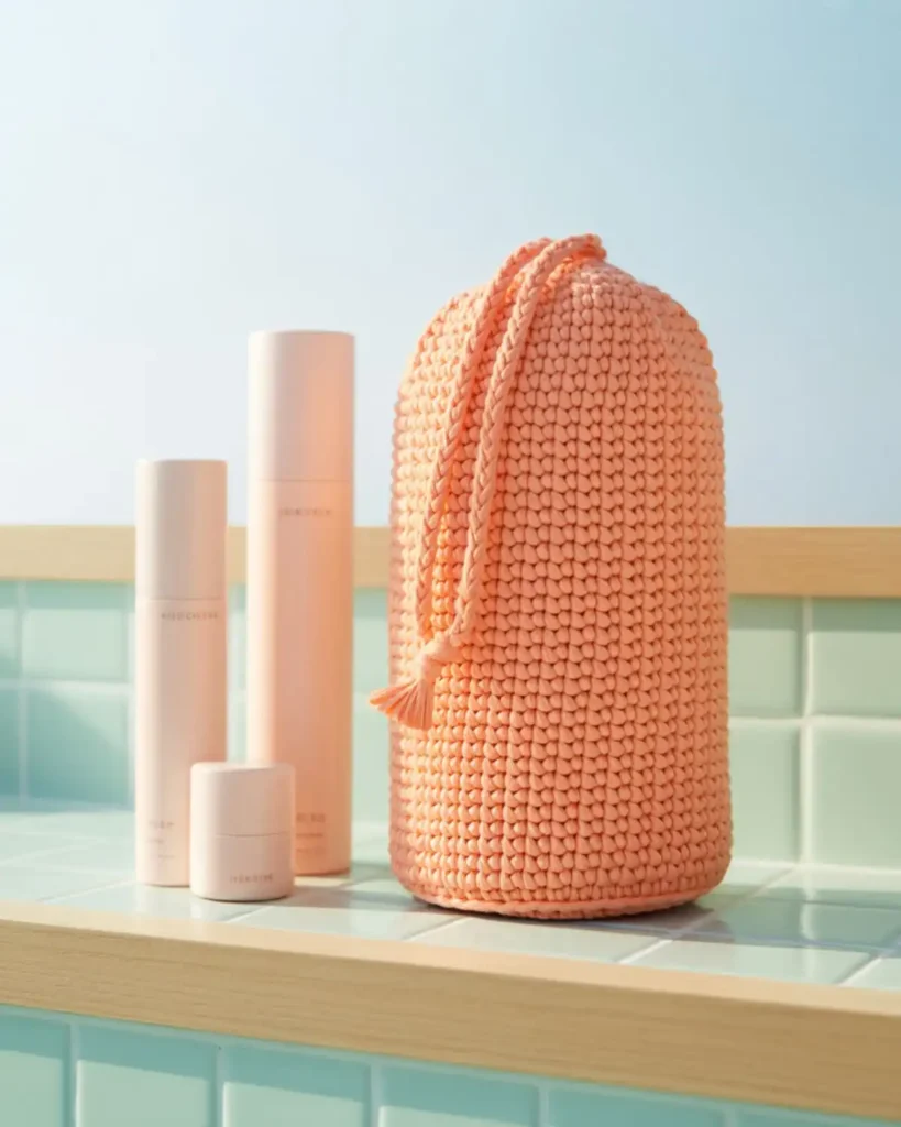 Coral tall crochet pouch holding upright sunscreen and skincare bottles.