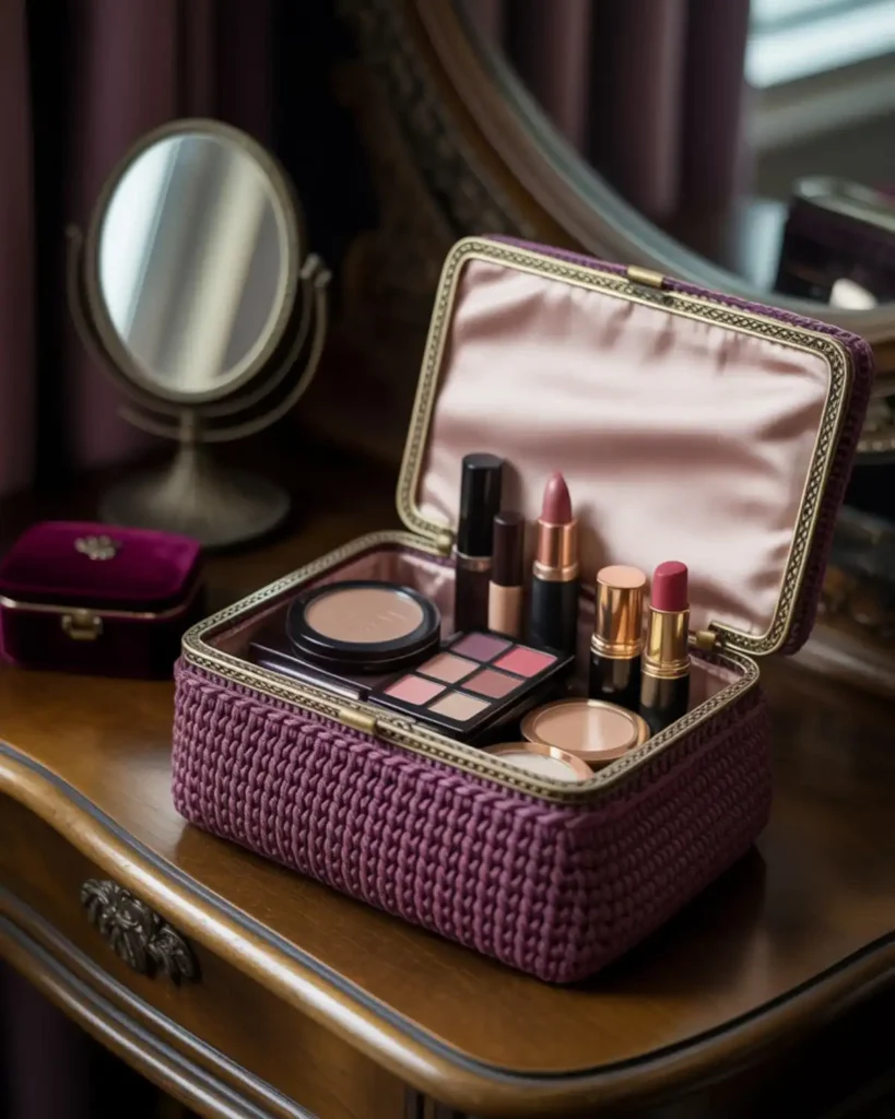 Wide-open framed crochet makeup bag showing its spacious lined interior.