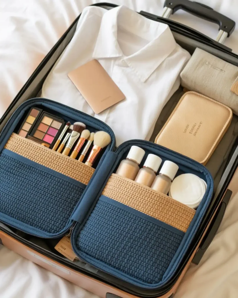Open crochet makeup organizer with separate sections for brushes and cosmetic bottles.