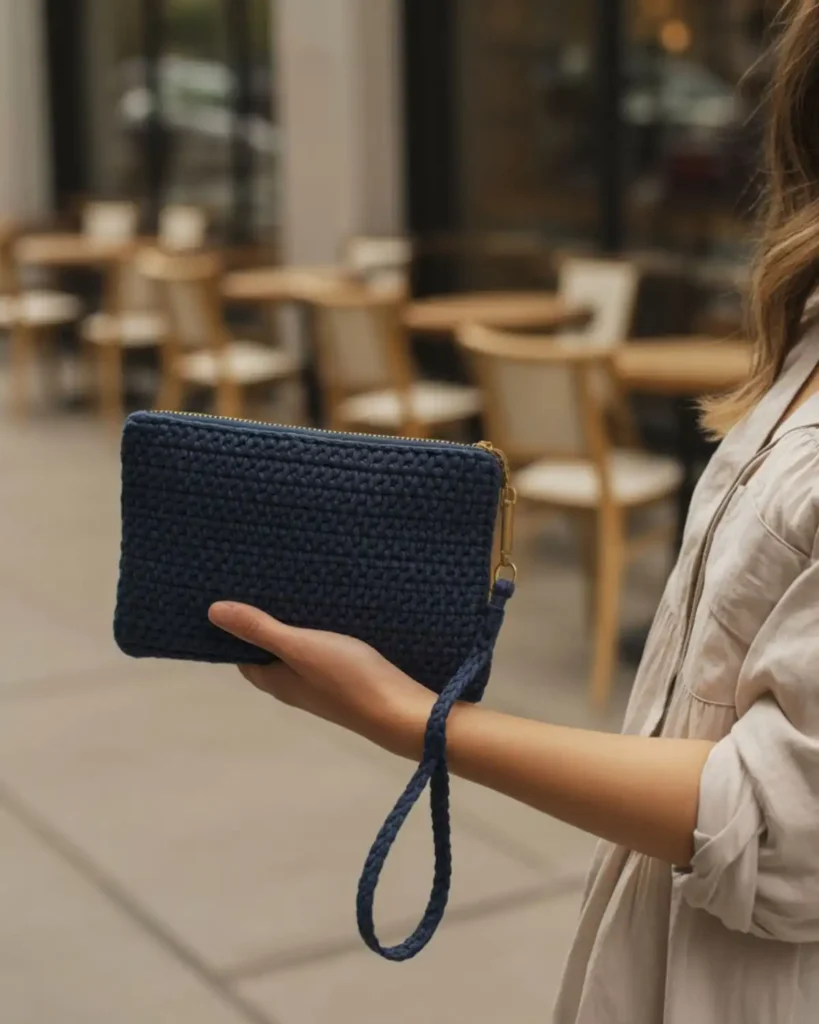 Navy crochet wristlet makeup clutch carried by hand outside a modern café.