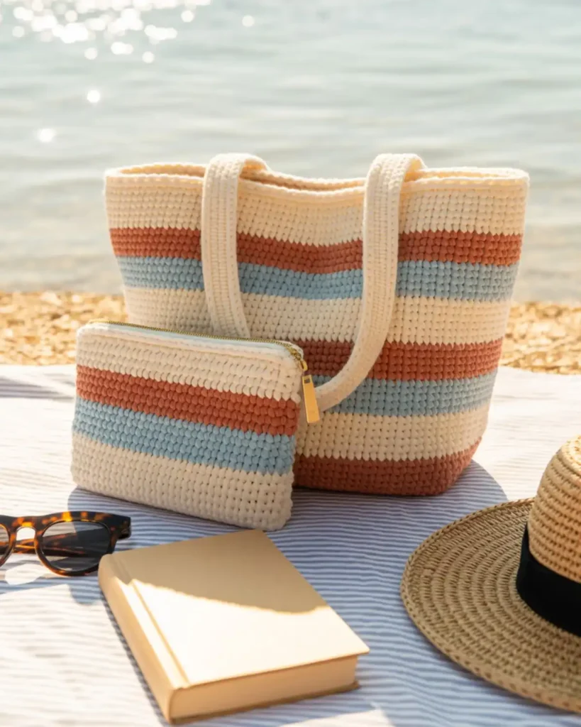 Matching striped crochet tote bag and makeup pouch arranged for a summer outing.