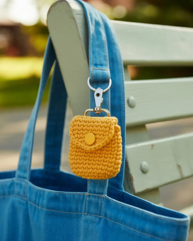 Tiny yellow crochet pouch charm clipped securely to a denim tote bag.