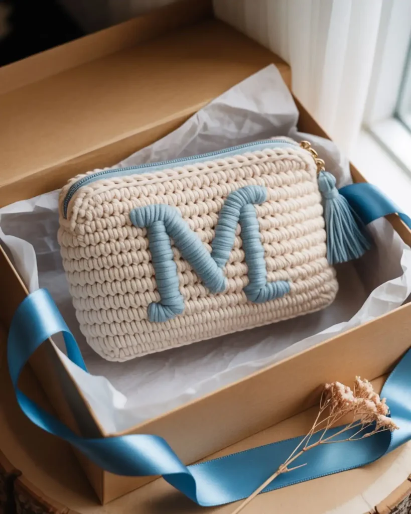 Cream crochet makeup bag personalized with a raised dusty blue stitched monogram.