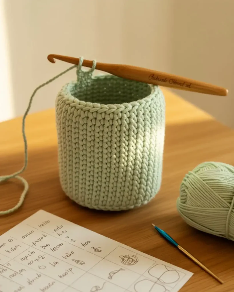 Mint crochet tube pouch being worked continuously in the round with no side seams.