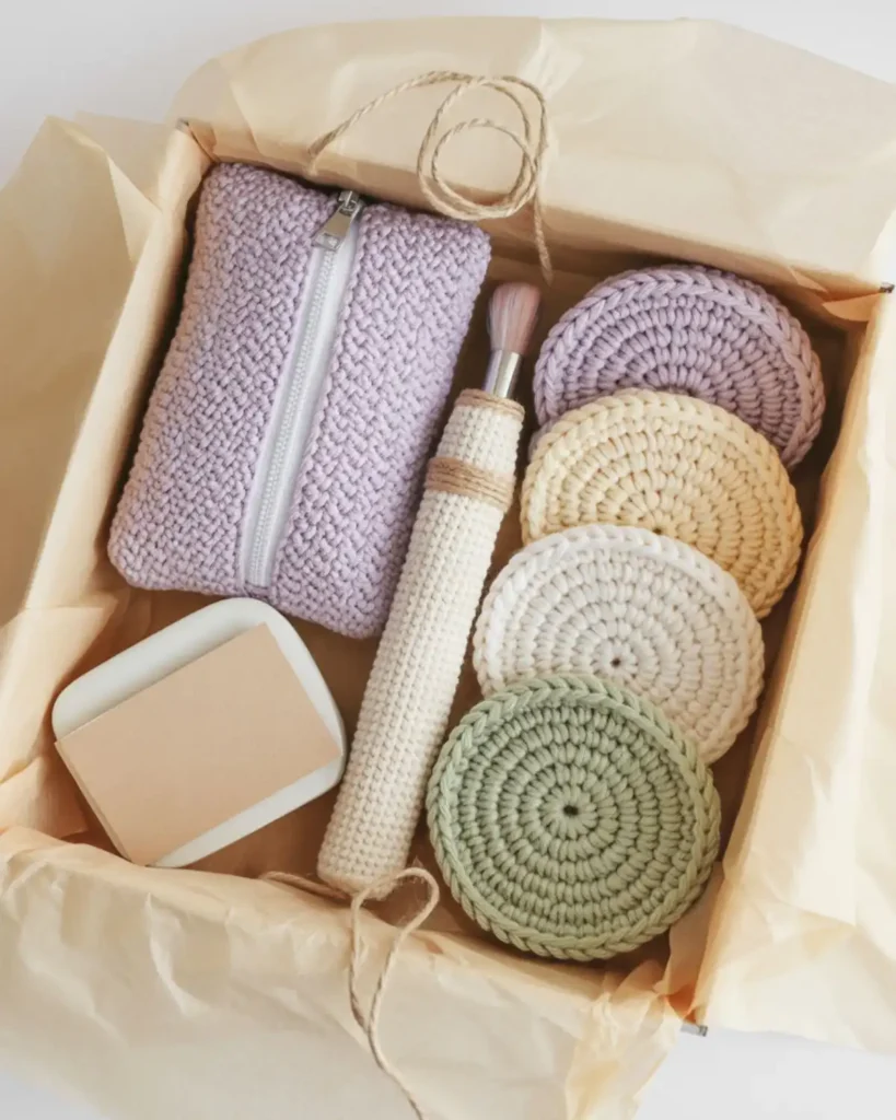 Coordinated crochet makeup bag gift set with face scrubbies and a brush holder.