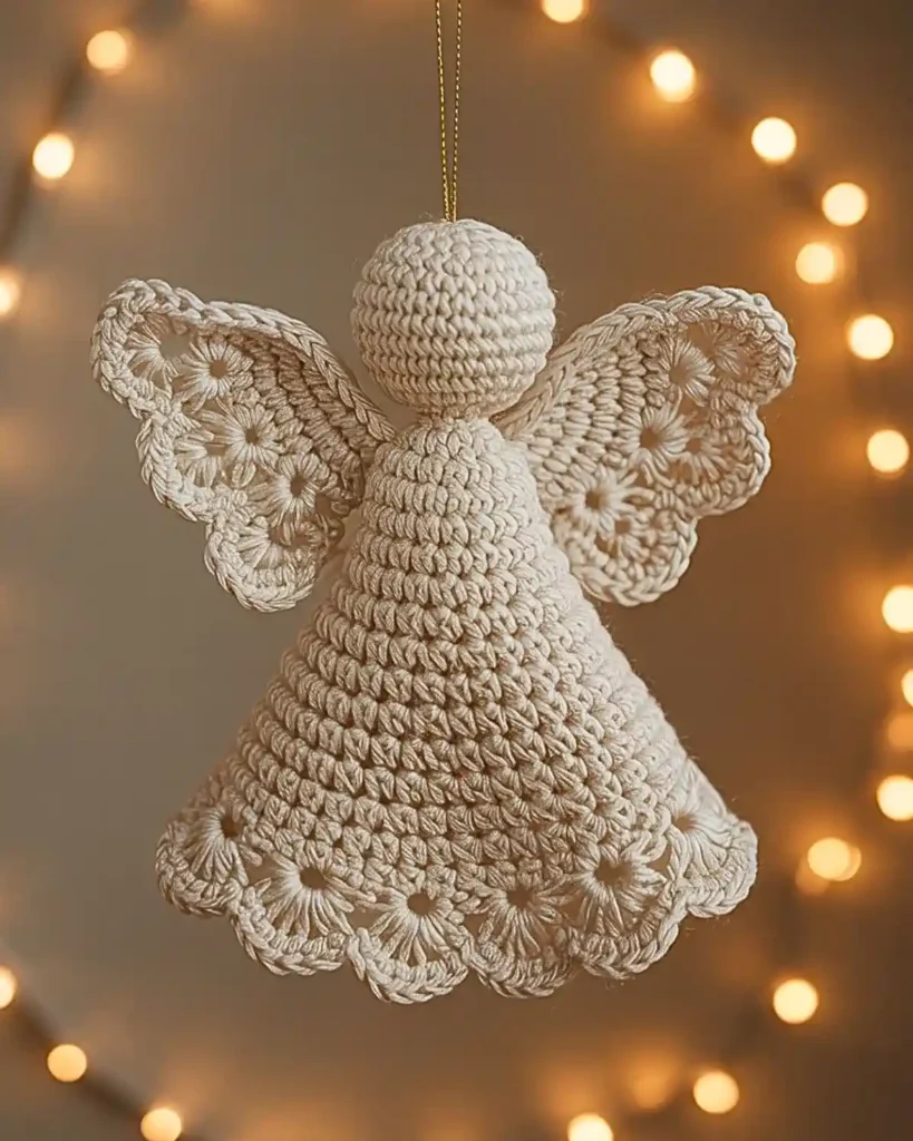 Ivory crochet angel ornament with lace wings hanging in front of warm Christmas lights.