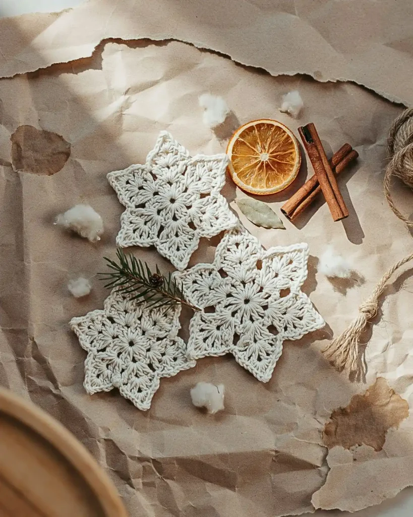 Rustic cream cotton crochet snowflakes with natural Christmas decorations.