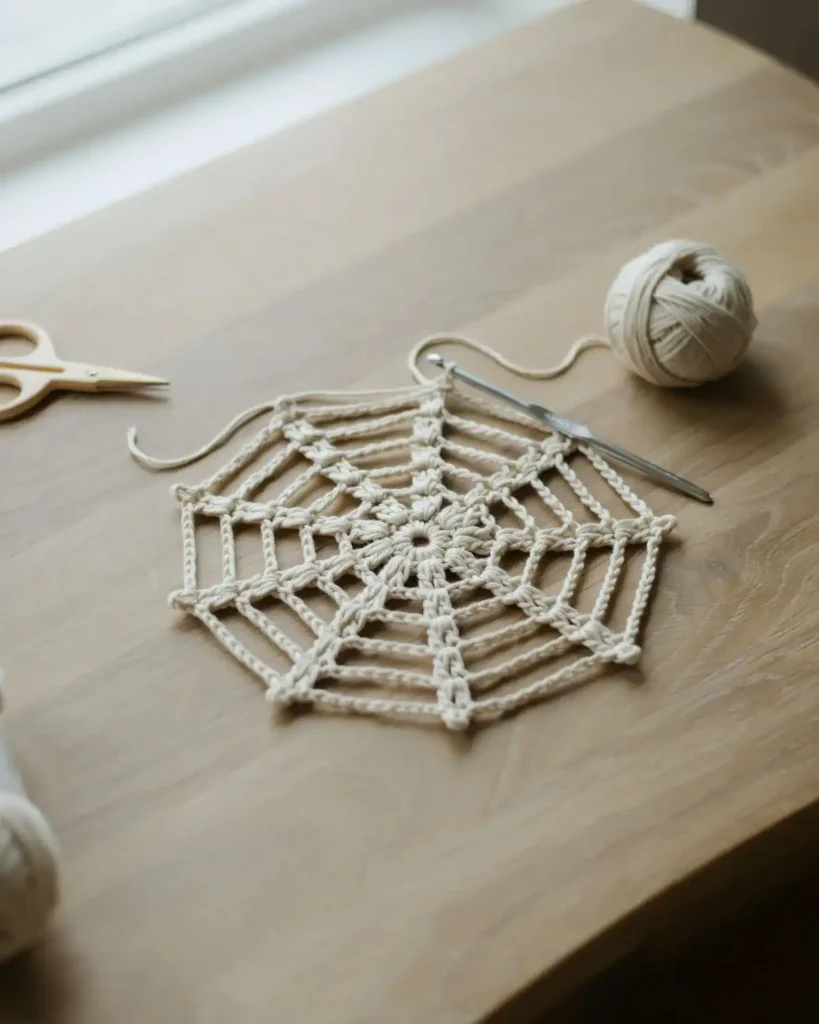 Simple crochet spider web pattern in progress with cream yarn and crochet hook.