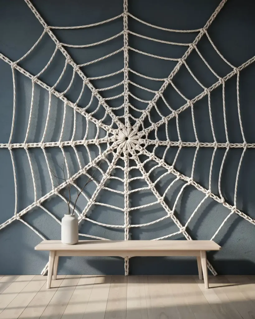 Giant crochet spider web wall hanging made with thick off-white yarn.