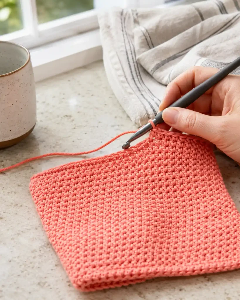 Coral cotton dishcloth being worked in rows of single crochet stitch.