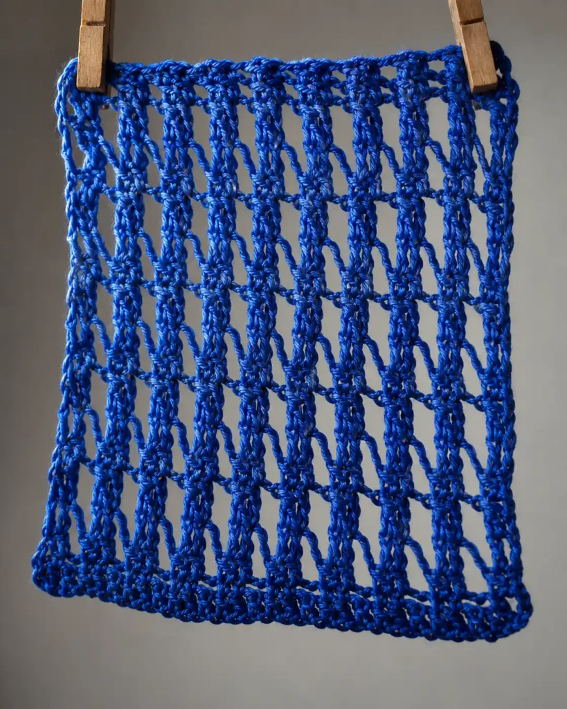 Cobalt blue openwork swatch showing tall double treble crochet stitches.