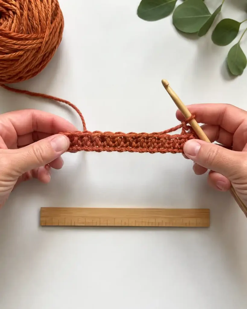 Terracotta foundation single crochet row being made without a separate starting chain.