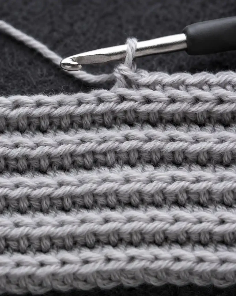 Gray crochet swatch showing horizontal ridges made with back loop only stitches.