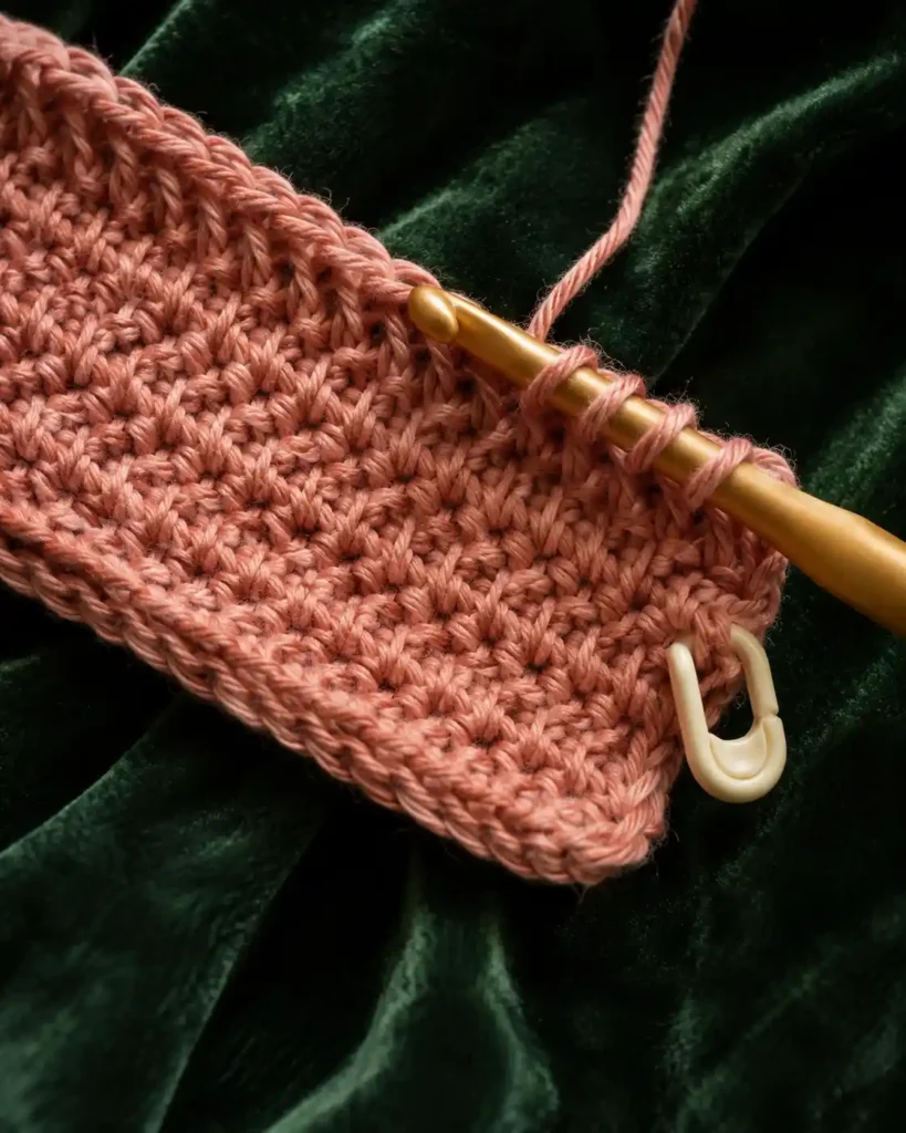  Dusty rose crochet sample being worked through the front loops only.
