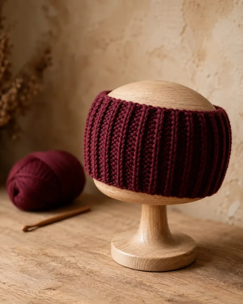 Burgundy crochet ear warmer made with stretchy back loop ribbing.