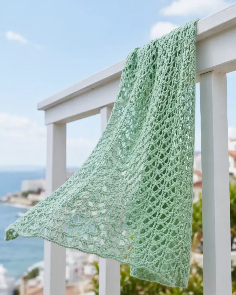 Mint green scarf displaying open V-stitch crochet pattern in natural light.