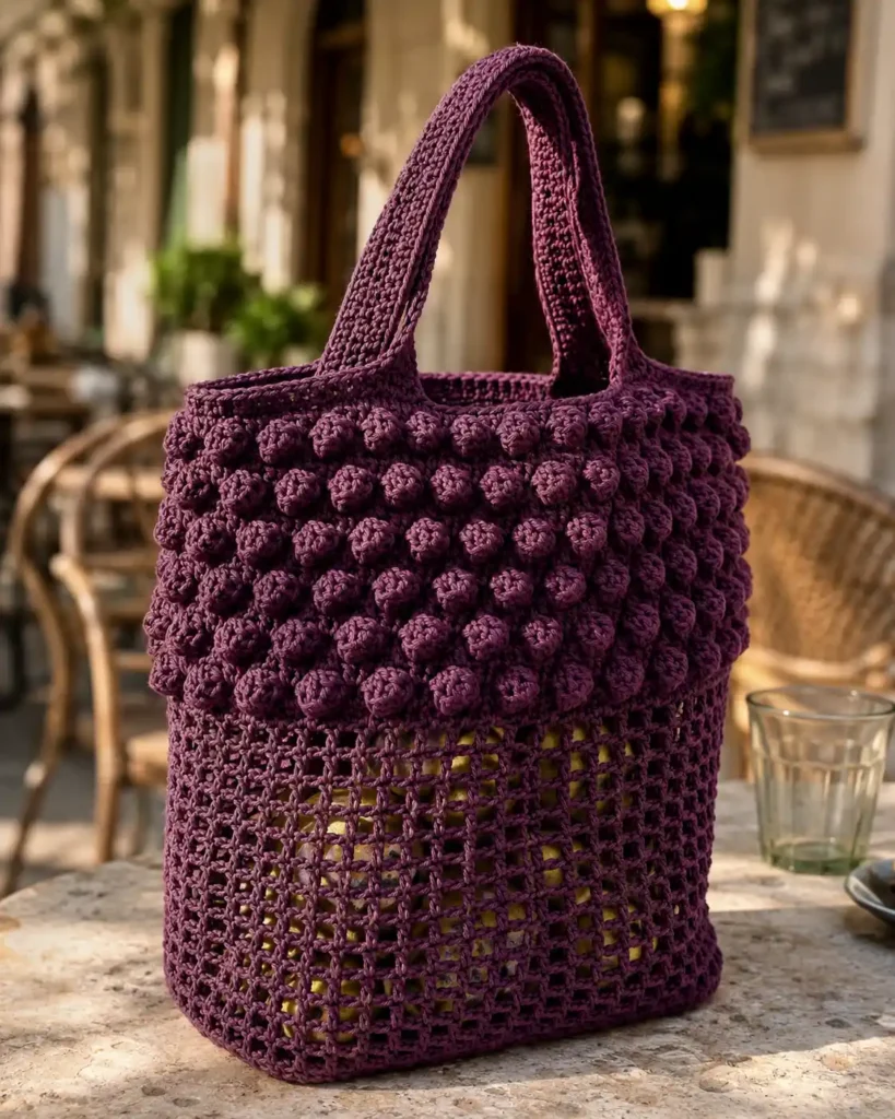 Plum crochet market bag decorated with rounded popcorn stitches.