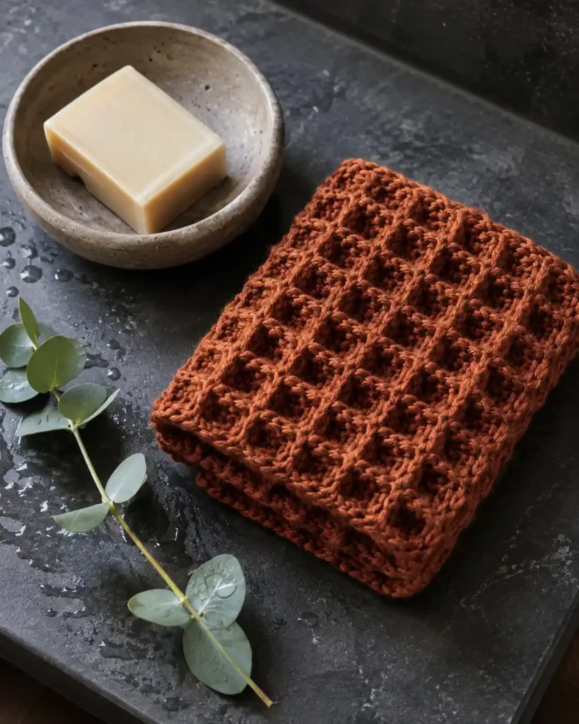 Rust crochet washcloth showing deep square pockets formed by waffle stitch.