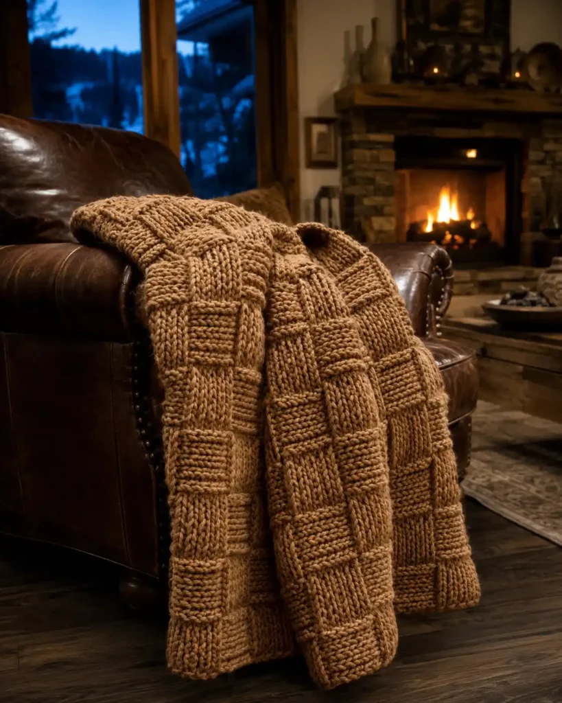 Warm camel crochet throw displaying thick basketweave stitch blocks.