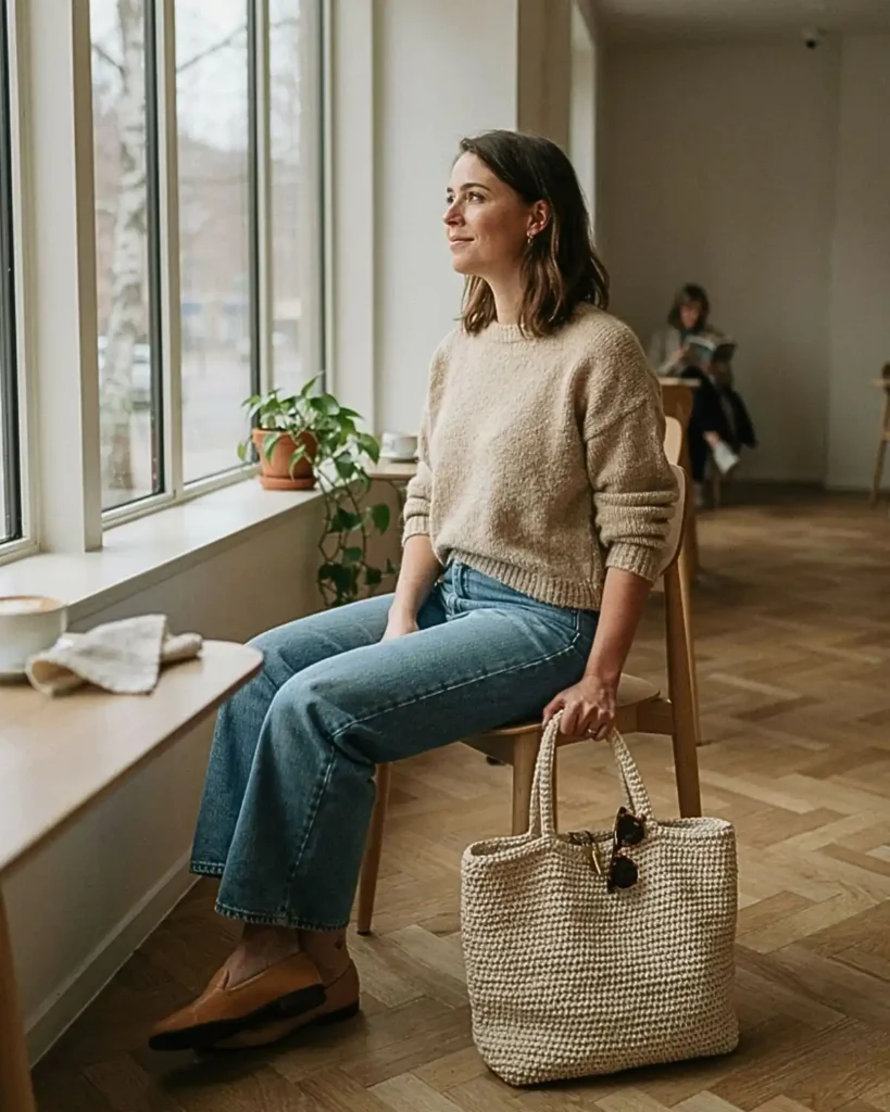 Cream cotton crochet tote bag styled with a neutral everyday outfit at a modern café.