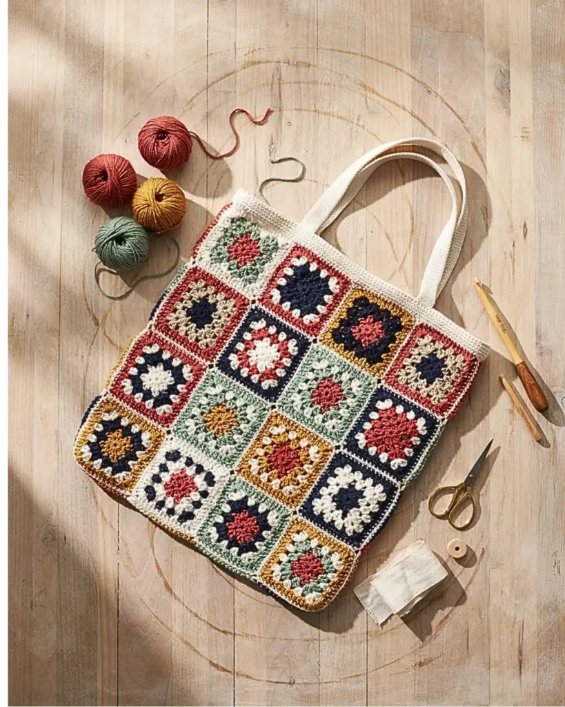 Colorful granny square crochet tote bag made with rust, sage, cream, and navy yarn.