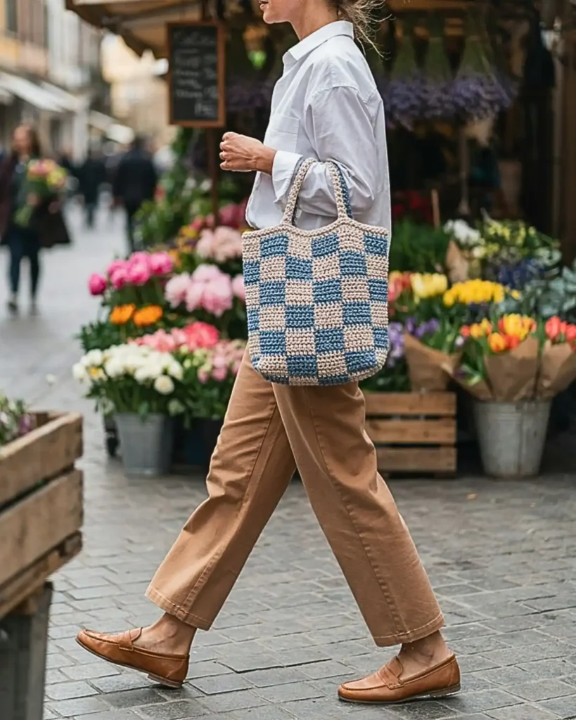 Blue and cream gingham crochet tote bag carried through an outdoor flower market.